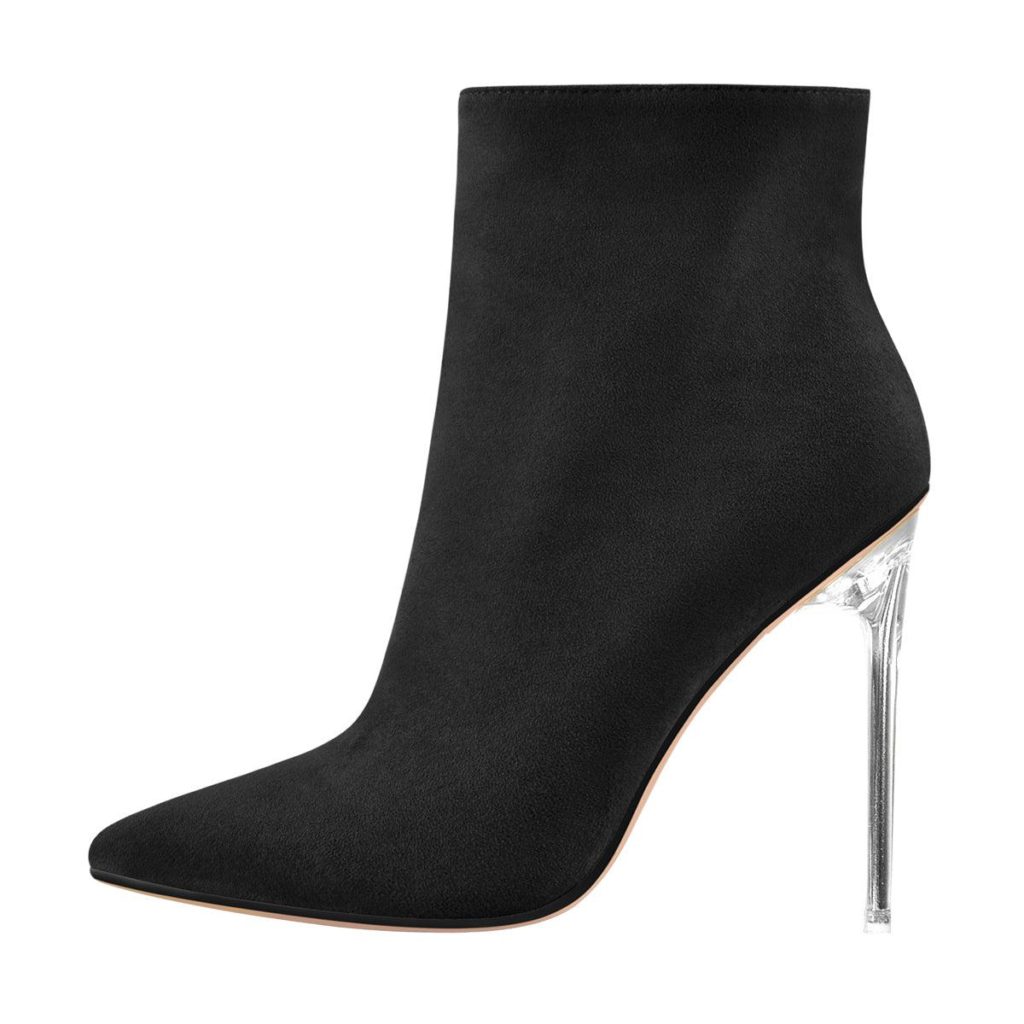 black suede clear heel ankle boots